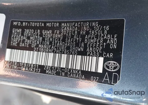 2017 Toyota Corolla Le из США, поврежденный, VIN 2T1BURHE7HC785765